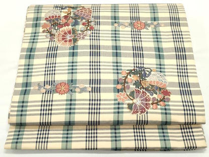 平和屋着物●両面 太鼓柄袋帯 総刺繍 格子花唐草丸文 金糸 正絹 逸品 DAAV9061ob
