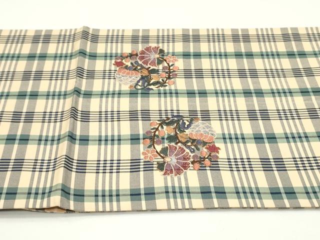 平和屋着物●両面 太鼓柄袋帯 総刺繍 格子花唐草丸文 金糸 正絹 逸品 DAAV9061ob