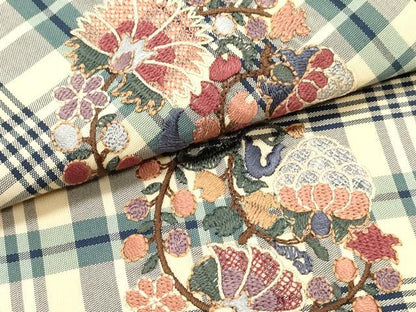 平和屋着物●両面 太鼓柄袋帯 総刺繍 格子花唐草丸文 金糸 正絹 逸品 DAAV9061ob