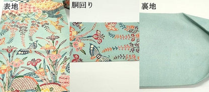平和屋着物●九寸名古屋帯　型染め　籬花蝶文　鬼しぼ縮緬　正絹　逸品　DAAV9062ob