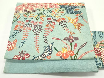 平和屋着物●九寸名古屋帯　型染め　籬花蝶文　鬼しぼ縮緬　正絹　逸品　DAAV9062ob
