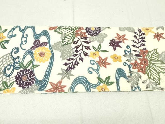 平和屋着物●九寸名古屋帯　型染め　流水籬草花文　御召縮緬　正絹　逸品　DAAV9063ob
