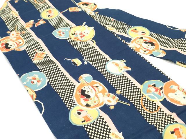 平和屋着物●全通柄九寸名古屋帯　玩具市松間道　綿　逸品　DAAV9067ob