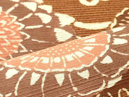 平和屋着物●九寸名古屋帯 紬地 型染め 花唐草文 煉瓦色 正絹 逸品 DAAV9082ob