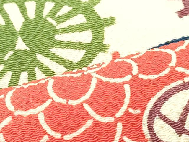 平和屋着物●全通柄九寸名古屋帯　型染め　流水花鳥文　鬼しぼ縮緬　正絹　逸品　DAAV9088ob