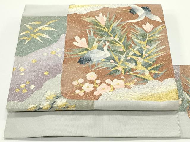 平和屋着物●爪掻き本綴れ 八寸名古屋帯 色紙重ね群鶴花文 白鼠色 金銀糸 正絹 逸品 DAAV9097ob