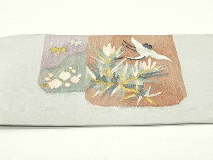 平和屋着物●爪掻き本綴れ 八寸名古屋帯 色紙重ね群鶴花文 白鼠色 金銀糸 正絹 逸品 DAAV9097ob