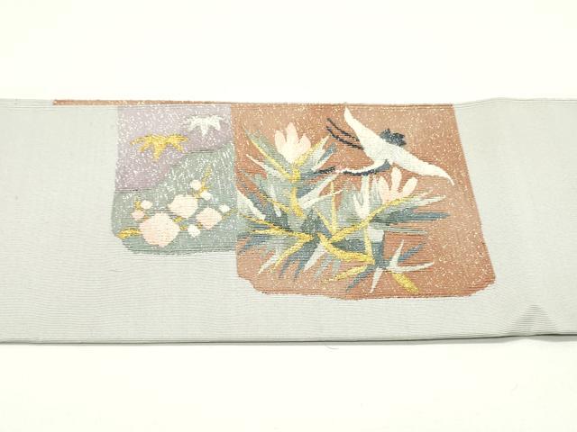 平和屋着物●爪掻き本綴れ 八寸名古屋帯 色紙重ね群鶴花文 白鼠色 金銀糸 正絹 逸品 DAAV9097ob