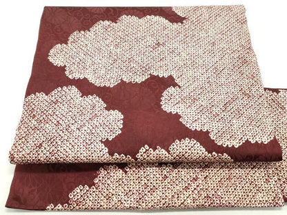 平和屋着物●九寸名古屋帯　絞り　雲取り花唐草文　葡萄茶色　正絹　逸品　DAAV9099ob