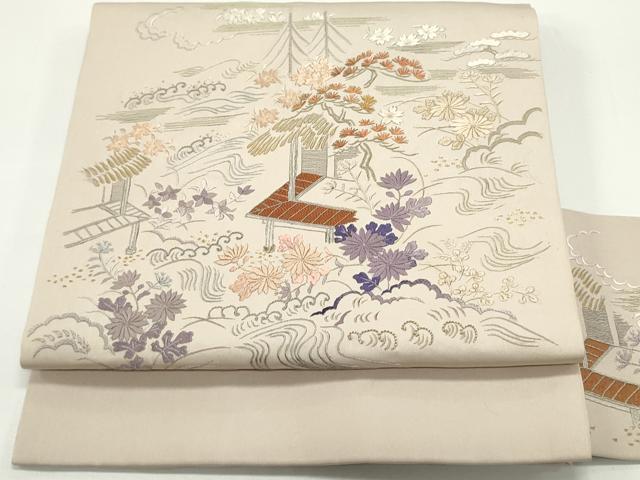 平和屋着物●塩瀬　九寸名古屋帯　総刺繍　立波風景花文　金銀糸　正絹　逸品　DAAV9100ob