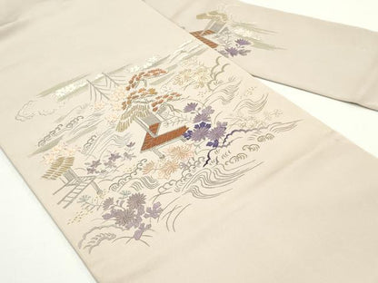 平和屋着物●塩瀬　九寸名古屋帯　総刺繍　立波風景花文　金銀糸　正絹　逸品　DAAV9100ob