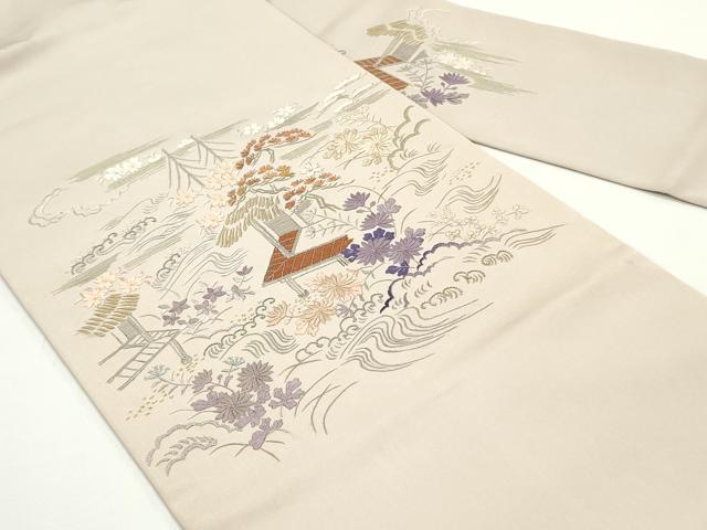 平和屋着物●塩瀬　九寸名古屋帯　総刺繍　立波風景花文　金銀糸　正絹　逸品　DAAV9100ob