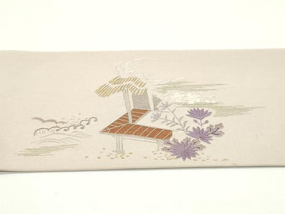 平和屋着物●塩瀬　九寸名古屋帯　総刺繍　立波風景花文　金銀糸　正絹　逸品　DAAV9100ob