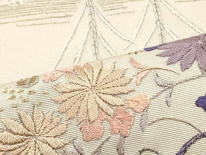 平和屋着物●塩瀬　九寸名古屋帯　総刺繍　立波風景花文　金銀糸　正絹　逸品　DAAV9100ob