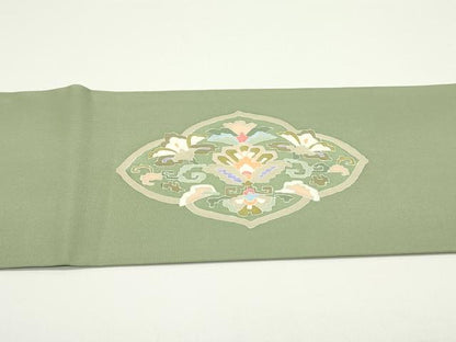 平和屋着物●塩瀬 九寸名古屋帯 型染め 幾何学更紗花菱文 抹茶色 正絹 逸品 DAAV9102ob