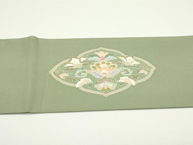 平和屋着物●塩瀬 九寸名古屋帯 型染め 幾何学更紗花菱文 抹茶色 正絹 逸品 DAAV9102ob