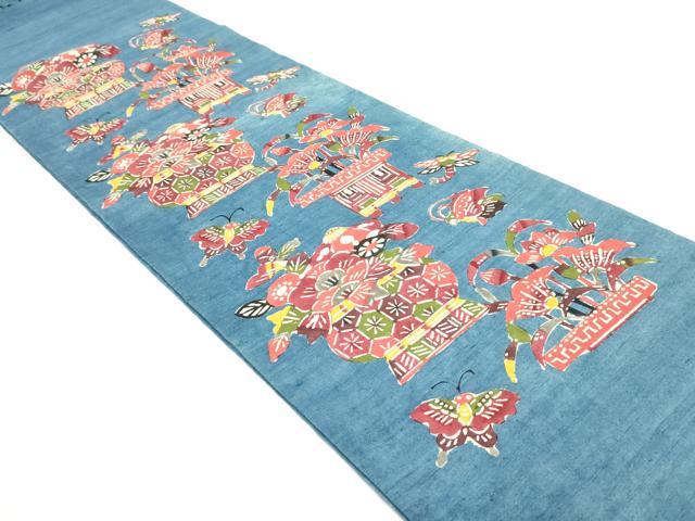 平和屋着物●九寸開き名古屋帯　紬地　型染め　飾花舞蝶文　紺碧色　正絹　逸品　DAAV9104ob
