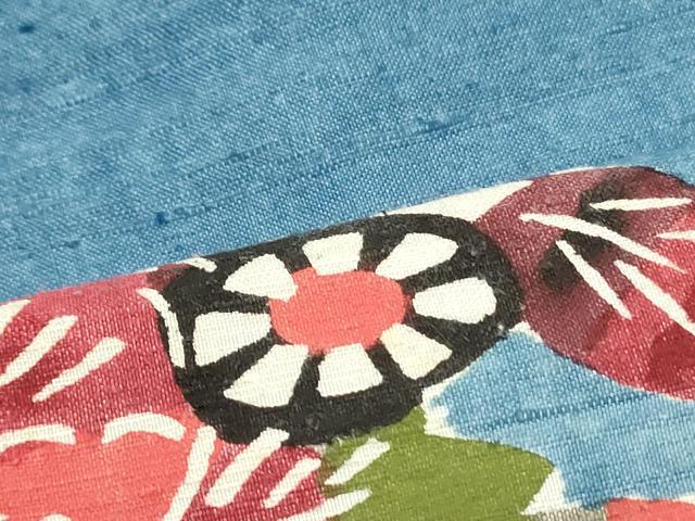 平和屋着物●九寸開き名古屋帯　紬地　型染め　飾花舞蝶文　紺碧色　正絹　逸品　DAAV9104ob