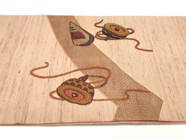 平和屋着物●中国三大刺繍 スワトウ刺繍 汕頭刺繍 相良刺繍 総刺繍 太鼓柄袋帯 紬地 切嵌玩具文 正絹 逸品 DAAV9123ob