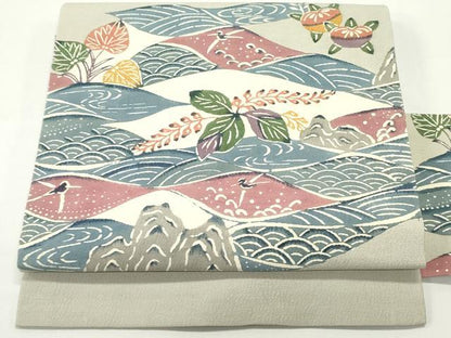 平和屋着物●九寸名古屋帯　紬地　型染め　立波草葉文　正絹　逸品　DAAV9130ob