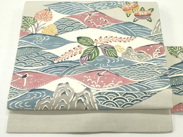 平和屋着物●九寸名古屋帯　紬地　型染め　立波草葉文　正絹　逸品　DAAV9130ob