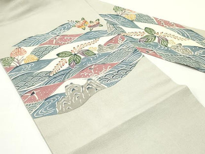 平和屋着物●九寸名古屋帯　紬地　型染め　立波草葉文　正絹　逸品　DAAV9130ob