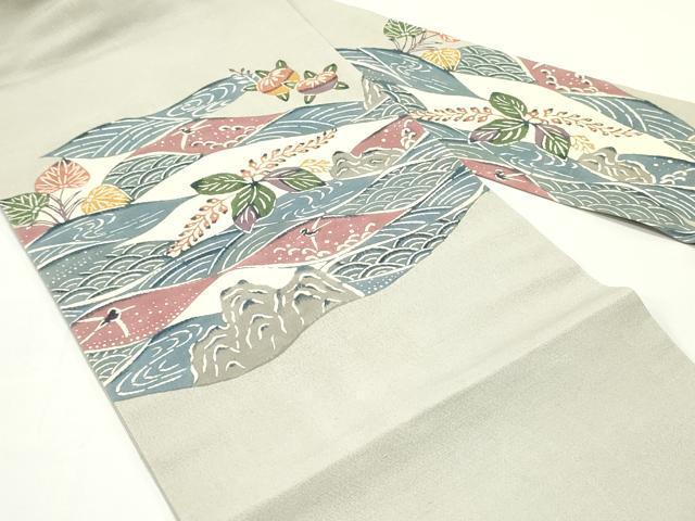 平和屋着物●九寸名古屋帯　紬地　型染め　立波草葉文　正絹　逸品　DAAV9130ob