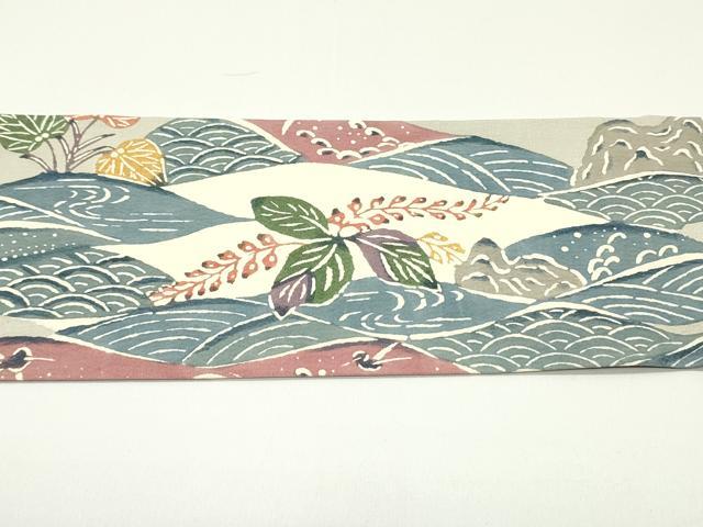 平和屋着物●九寸名古屋帯　紬地　型染め　立波草葉文　正絹　逸品　DAAV9130ob