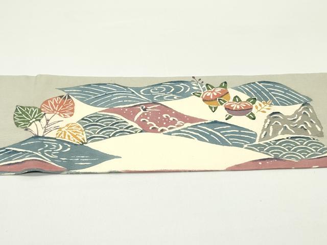 平和屋着物●九寸名古屋帯　紬地　型染め　立波草葉文　正絹　逸品　DAAV9130ob
