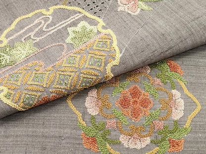 平和屋着物●中国三大刺繍 スワトウ刺繍 汕頭刺繍 相良刺繍 総刺繍 九寸名古屋帯 紬地 正倉院雪輪花文 鳩羽色 正絹 逸品 未使用 DAAV9143ob