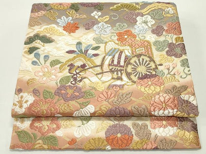 平和屋着物●六通柄袋帯 唐織 御所車松皮菱花文 金糸 正絹 逸品 DAAV9145ob