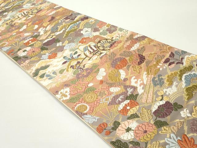 平和屋着物●六通柄袋帯 唐織 御所車松皮菱花文 金糸 正絹 逸品 DAAV9145ob