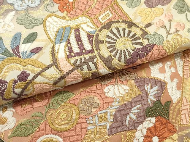 平和屋着物●六通柄袋帯 唐織 御所車松皮菱花文 金糸 正絹 逸品 DAAV9145ob