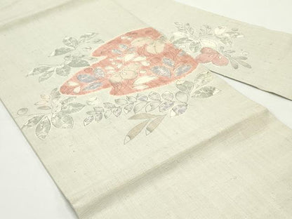 平和屋着物●九寸名古屋帯 手描き 紬地 草花文 灰黄緑色 正絹 逸品 DAAV9147ob