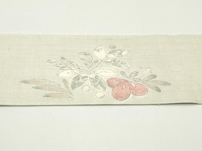 平和屋着物●九寸名古屋帯 手描き 紬地 草花文 灰黄緑色 正絹 逸品 DAAV9147ob