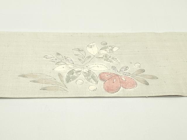 平和屋着物●九寸名古屋帯 手描き 紬地 草花文 灰黄緑色 正絹 逸品 DAAV9147ob