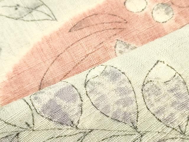 平和屋着物●九寸名古屋帯 手描き 紬地 草花文 灰黄緑色 正絹 逸品 DAAV9147ob