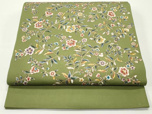 平和屋着物●塩瀬　九寸開き名古屋帯　更紗花文　松葉色　金彩　正絹　逸品　DAAV9152ob