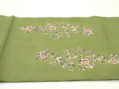 平和屋着物●塩瀬　九寸開き名古屋帯　更紗花文　松葉色　金彩　正絹　逸品　DAAV9152ob