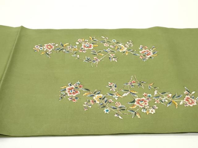 平和屋着物●塩瀬　九寸開き名古屋帯　更紗花文　松葉色　金彩　正絹　逸品　DAAV9152ob