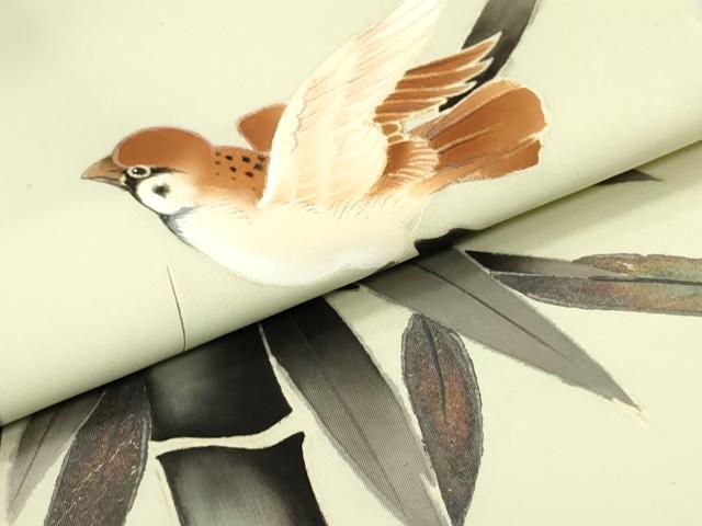 平和屋着物●塩瀬　九寸名古屋帯　手描き　雀　笹竹文　鳥の子色　金彩　正絹　逸品　DAAV9164ob