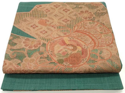 平和屋着物●中国三大刺繍 スワトウ刺繍 汕頭刺繍 相良刺繍 総刺繍 太鼓柄袋帯 紬地 扇面飛鶴更紗花鼓文 正絹 逸品 未使用 DAAV9185ob