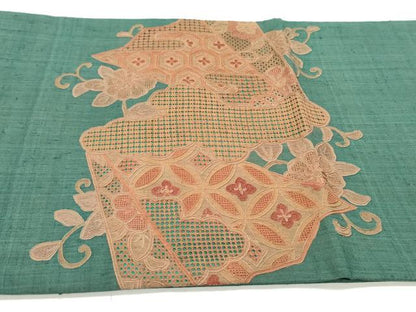 平和屋着物●中国三大刺繍 スワトウ刺繍 汕頭刺繍 相良刺繍 総刺繍 太鼓柄袋帯 紬地 扇面飛鶴更紗花鼓文 正絹 逸品 未使用 DAAV9185ob