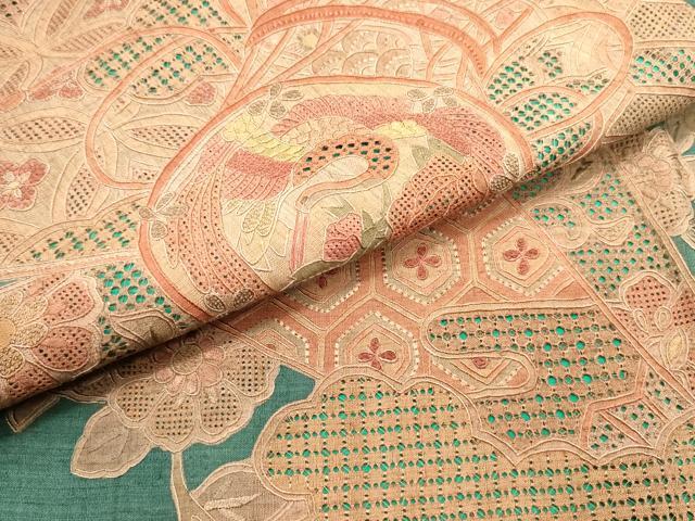 平和屋着物●中国三大刺繍 スワトウ刺繍 汕頭刺繍 相良刺繍 総刺繍 太鼓柄袋帯 紬地 扇面飛鶴更紗花鼓文 正絹 逸品 未使用 DAAV9185ob