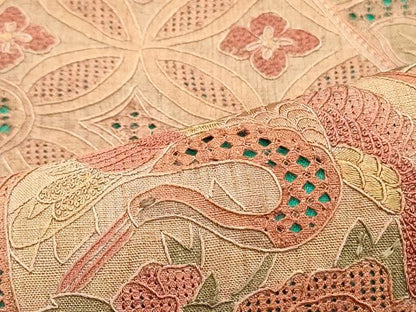 平和屋着物●中国三大刺繍 スワトウ刺繍 汕頭刺繍 相良刺繍 総刺繍 太鼓柄袋帯 紬地 扇面飛鶴更紗花鼓文 正絹 逸品 未使用 DAAV9185ob