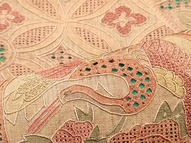 平和屋着物●中国三大刺繍 スワトウ刺繍 汕頭刺繍 相良刺繍 総刺繍 太鼓柄袋帯 紬地 扇面飛鶴更紗花鼓文 正絹 逸品 未使用 DAAV9185ob