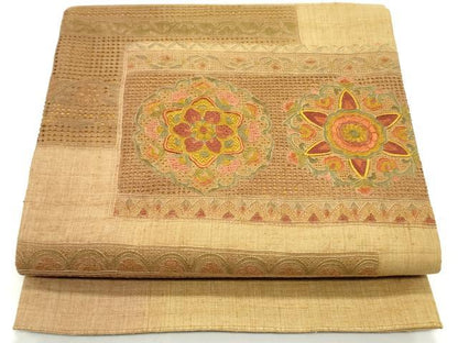 平和屋着物●中国三大刺繍　スワトウ刺繍　汕頭刺繍　相良刺繍　総刺繍　太鼓柄袋帯　紬地　色紙重ね正倉院花文　正絹　逸品　DAAV9190ob