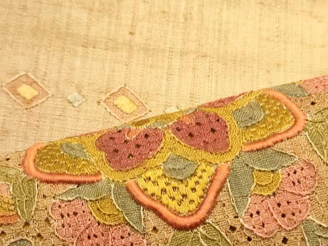 平和屋着物●中国三大刺繍　スワトウ刺繍　汕頭刺繍　相良刺繍　総刺繍　太鼓柄袋帯　紬地　色紙重ね正倉院花文　正絹　逸品　DAAV9190ob