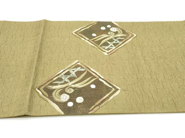 平和屋着物▼太鼓柄袋帯　刺繍　ふくれ織　籬菱葉文　金糸　正絹　逸品　DAAV9199ob
