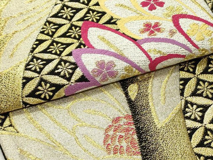 平和屋着物●六通柄袋帯　切嵌七宝花文　黒地　金銀糸　正絹　逸品　DAAV9207ob